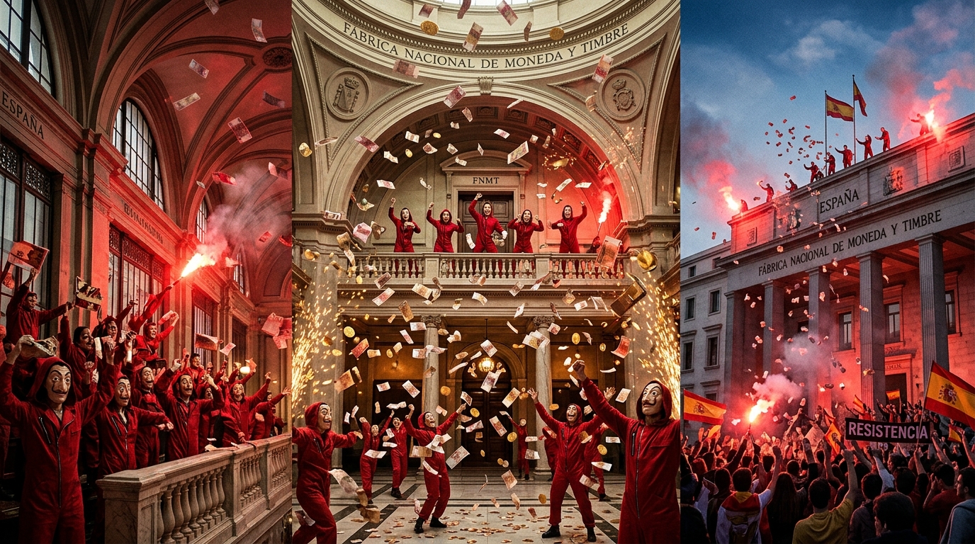 Money Heist bank scene with red jumpsuit crowd pouring millions of cash from the Royal Mint of Spain