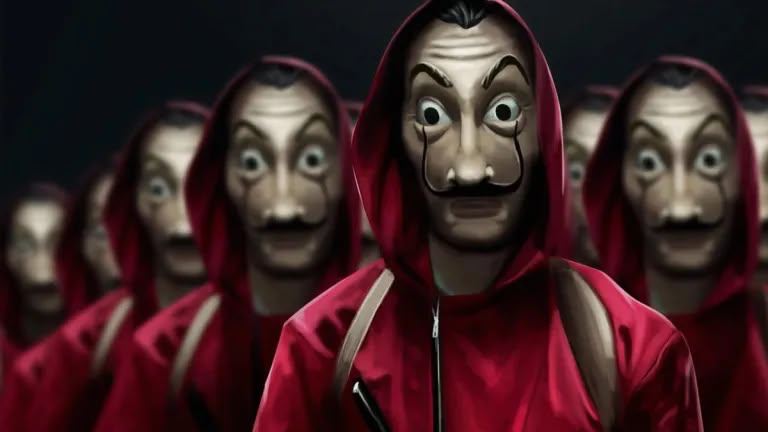 Money Heist Resistance Crew in Red Jumpsuits and Dali Masks